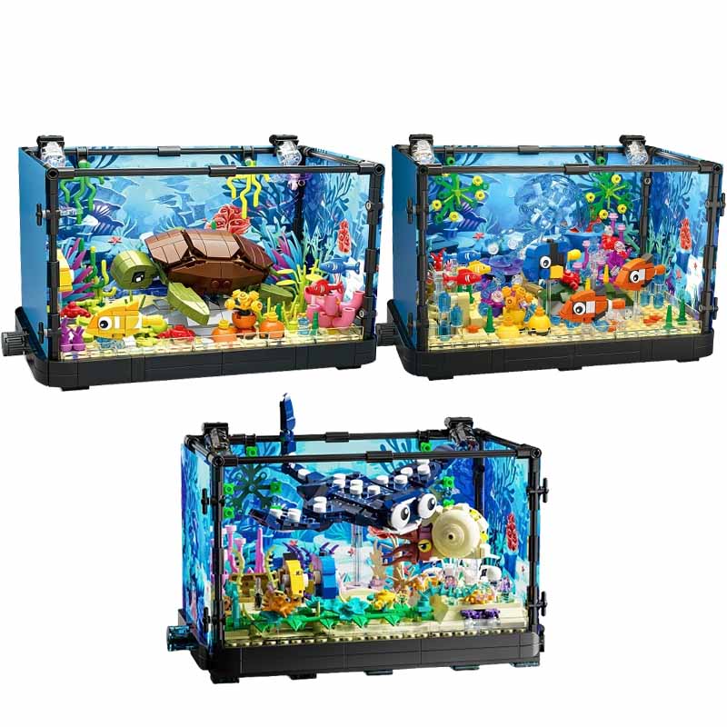 Aquarium Marine Fish - Aquarium-Baustein-Set mit Licht, Aquarium, Meeresschildkröte, Baustein-Spielzeug